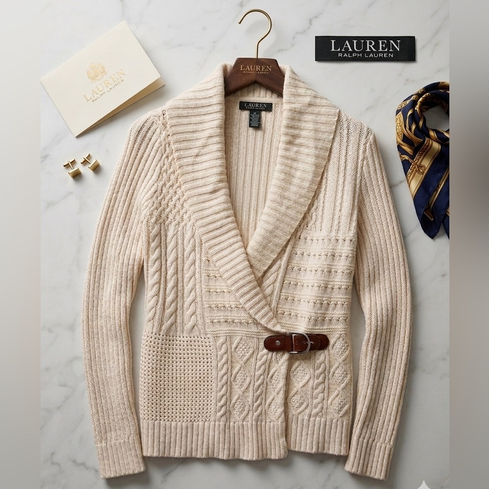 Lauren Ralph Lauren Ivory Cable Knit Buckle Sweater Size Large Equestrian Fall